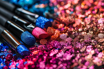 Makeup products, cosmetics, eye shadows, blush and brushes creative colorful background with copy space. Beauty salon, makeup artist or cosmetic drugstore website. 