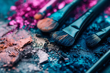 Fototapeta premium Makeup products, cosmetics, eye shadows, blush and brushes creative colorful background with copy space. Beauty salon, makeup artist or cosmetic drugstore website. 