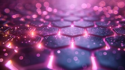Geometric pink texture of honeycomb hexagons with neon glow and space access