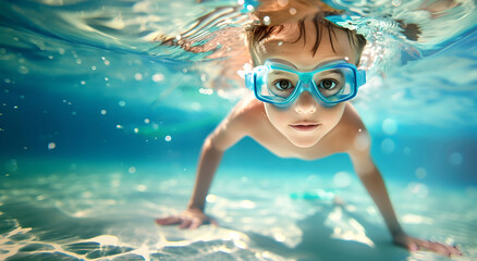 Fototapeta premium Close-up of a child diving in the pool