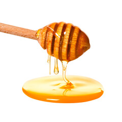 Natural honey dripping from dipper on white background