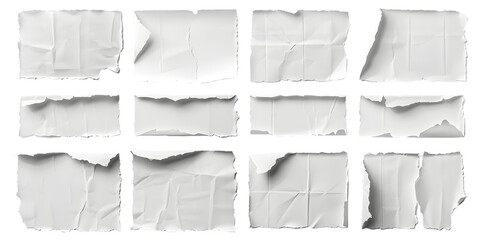 Collection of white paper ripped messages torn with copy space, ripped kraft paper wallpaper, and white wrapping vintage paper isolated top view, isolated on white or transparent background 