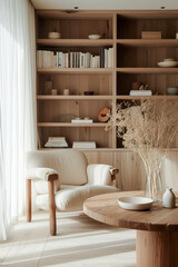 A cozy cream-toned living room features a wooden round table, a comfortable armchair, and a bookshelf filled with captivating reads
