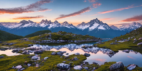Serene Mountain Vista. Capture a breathtaking sunrise over snow-capped mountains - 756418239