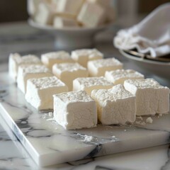 Perfect white marshmallows on a marble tray.
