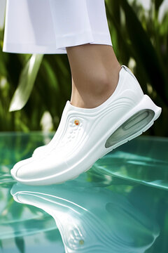 A person in white shoes is stepping on a reflective surface, surrounded by greenery.