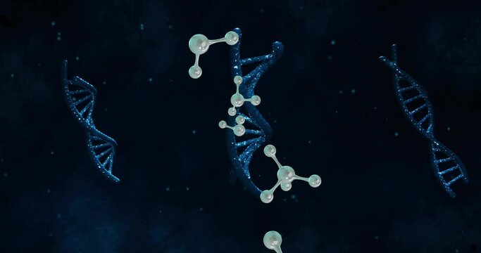 Animation of floating molecules over dna strands