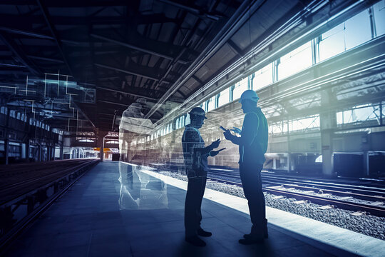 men are standing in a train station, one of them holding a cell phone. The scene is set in a futuristic train station with a lot of glass windows. Scene is somewhat tense