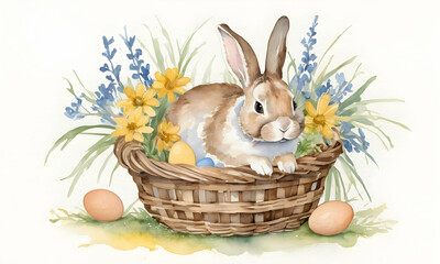 Cute bunny amid Easter eggs, nestled in basket in spring flowers. Pastel watercolors art background. AI illustration.