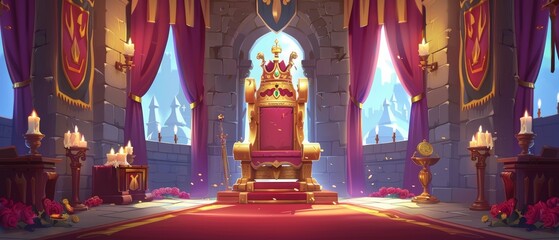 Throne of golden throne sat on pedestal with golden crown in the hall of a castle, with red carpet and wall curtains, flags, columns, chandelier, roses and candles - obrazy, fototapety, plakaty