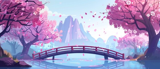 Moody city park with bridge over pond or river and pink flowering cherry trees and flying petals. Cartoon modern of cherry trees in urban garden.