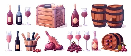 Drinking and storing wine. Cartoon illustration set depicting barrels and boxes made of aged oak, bottles and glasses with red wine and pink champagne, olives and fruits.