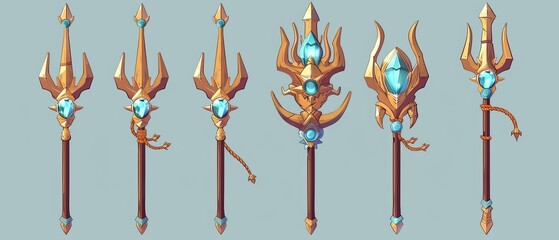The magical trident of Poseidon or Neptune for game UI design. Handcrafted wooden pitchfork decorated with gem stones. A mythology nautical weapon. Cartoon modern illustration set. - obrazy, fototapety, plakaty