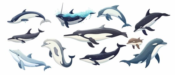 A set of polar water animals isolated on white background. Illustrations of whale, narwhal, orca, beluga, dolphins swimming in sea or ocean, underwater wildlife design elements.