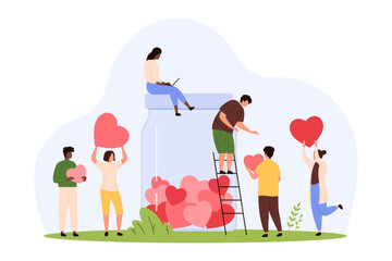 Charity social campaign, generous support and care of international community. Tiny people collect hearts in donation jar, volunteers give love and help, share kindness cartoon vector illustration