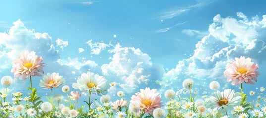 Fototapeta na wymiar Tranquil meadow with white and pink daisies, golden dandelions, soft evening light, cloudy blue sky
