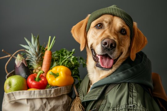 A dog is standing in front of a pile of fruits and vegetables