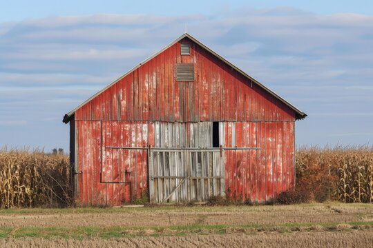 Worn and weathered corn farm barn in the countryside