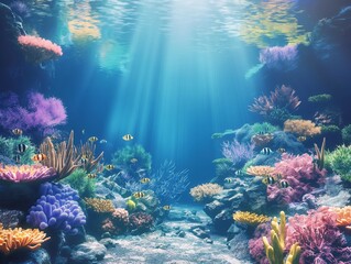 Fototapeta na wymiar A vibrant coral reef basks in the sun's rays filtering through the ocean's surface, showcasing marine biodiversity.