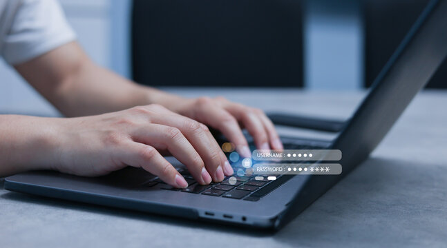 close up man hand type to access privacy profile on account in online system by put username and password for authorization security system of technology concept