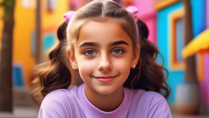 Cute happy hispanic child portrait. Little latin american kid girl smile on colored sunny background in Natural Sunlight	