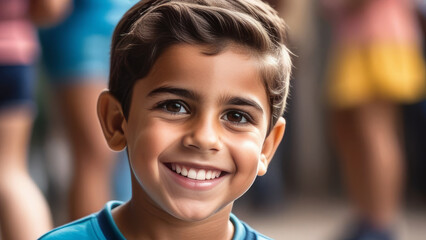 Cute happy hispanic child portrait. Little latin american kid boy smile on rustic sunny ethnic background in Natural Sunlight	