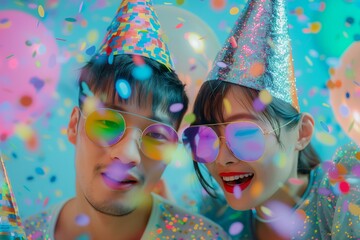 close up an Asian couple wearing party hats and festive glitter clothes and glitter party glasses on a pastel background with confetti,