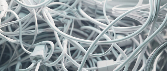 A nest of tangled cables, reflecting our complex relationship with technology and connectivity. - obrazy, fototapety, plakaty