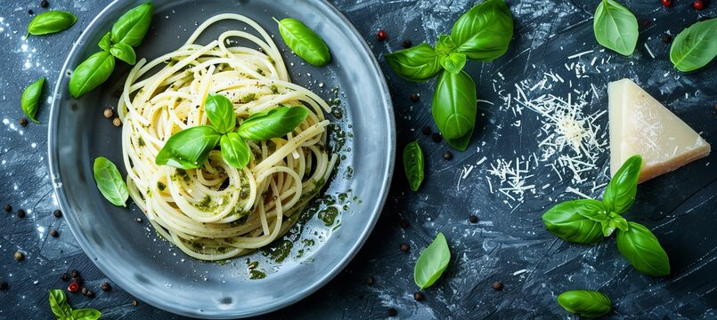 Tagliatelle pasta with pesto sauce and parmesan on plate in modern restaurant, dinner menu concept