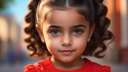 Fototapeta premium Cute happy hispanic child portrait. Little latin american kid girl smile on rustic sunny ethnic background in Natural Sunlight 