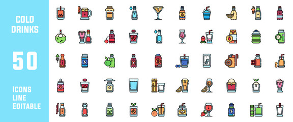 50 Cold Drinks Icons Set Line Editable Vector Illustration
