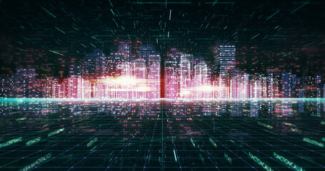 Aerial city flight animation. 3D futuristic skyscrapers with digital numbers. Business and technology related 3D Render.