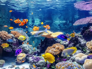 Fototapeta na wymiar A lively underwater scene in a coral reef aquarium with colorful fish and corals.