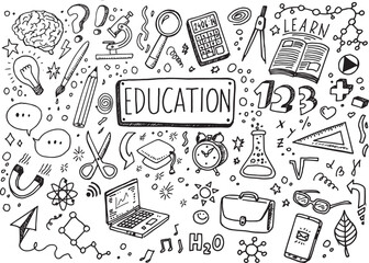 Education hand drawn doodles, vector elements on white background
