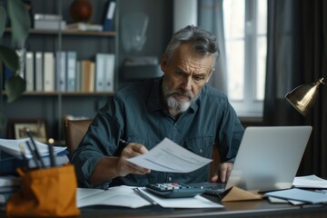 Serious and focused financier accountant on paper work inside office, mature man using calculator and laptop for calculating reports and summarizing accounts, businessman at work, Generative AI
