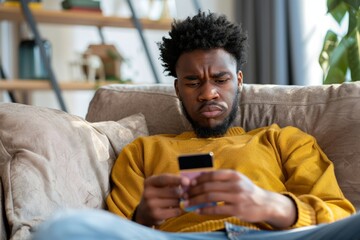 Worried African American man looking at mobile phone. Sitting on the couch upset and holding a credit card, Generative AI