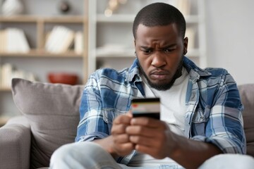 Worried African American man looking at mobile phone. Sitting on the couch upset and holding a credit card, Generative AI - obrazy, fototapety, plakaty