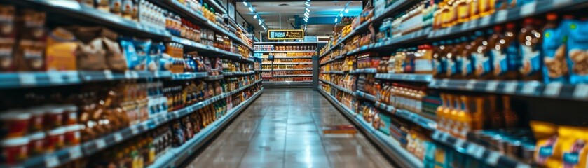 A grocery store aisle with a variety of fruits and vegetables - obrazy, fototapety, plakaty