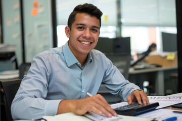 Portrait of young successful financier accountant at work inside office building at workplace, hispanic man smiling and looking at camera, man using calculator in paperwork, Generative AI