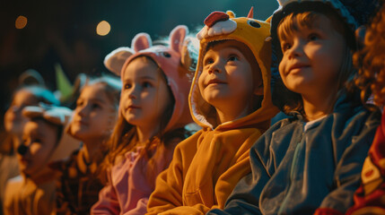 A group of children are wearing animal costumes and sitting together