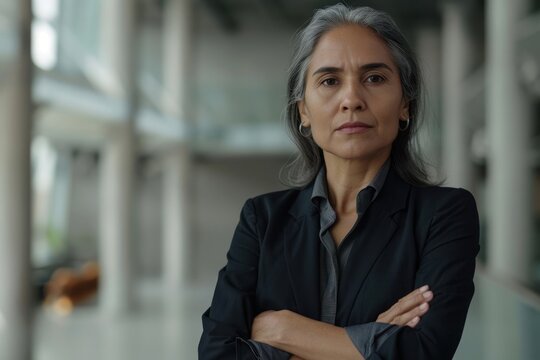 Portrait of mature female boss inside office building, successful hispanic woman looking serious at camera with crossed arms, businesswoman confident, Generative AI