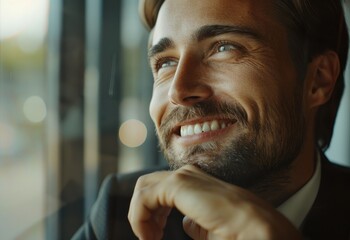 Portrait of a young financier businessman, close-up joyful man smiling and looking to the side of the window, worker in a business suit at the workplace inside the office, dream thinking,Generative AI