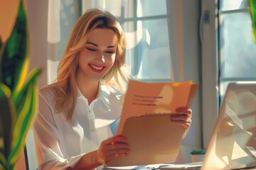 Successful businesswoman boss working inside office with laptop, employee received mail envelope letter with notification message, blonde woman reading and smiling good news, Generative AI - obrazy, fototapety, plakaty