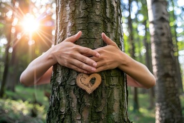 hands of a young woman hug a tree in the forest and show a sign of heart and love for nature, Generative AI - obrazy, fototapety, plakaty
