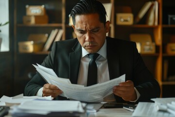 Serious concentrated hispanic businessman financier on paperwork inside office, man in business suit at workplace reviewing and reading papers, contracts and accounts reports, Generative AI - obrazy, fototapety, plakaty