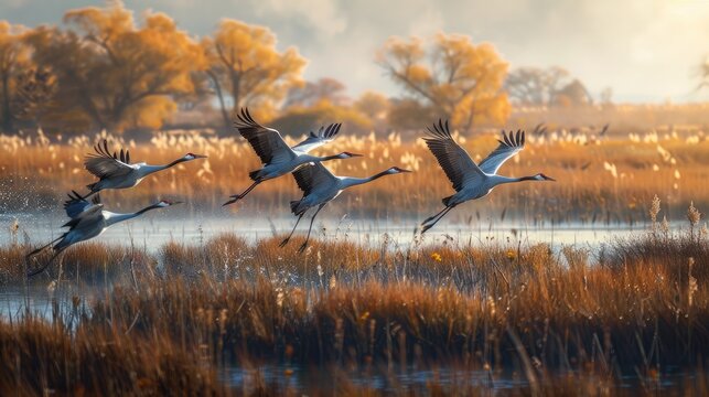 A group of cranes taking flight from a marsh, their graceful forms rising into the air.