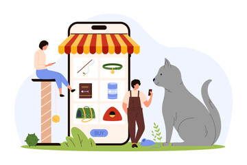 Online pet store, mobile app in phone with awning. Tiny people buy food, toys and care items for giant cat, select with click purchase category on smartphone screen cartoon vector illustration - obrazy, fototapety, plakaty