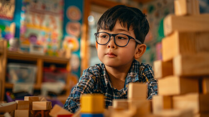 Young boy playing with blocks indoors