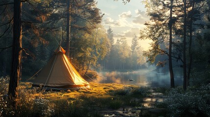 Tent Set Up in Forest Clearing - obrazy, fototapety, plakaty