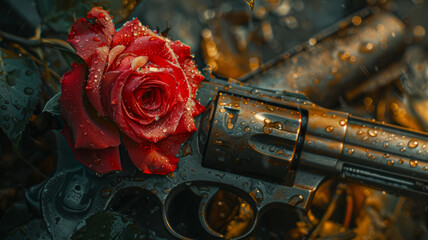 A red rose on a wet gun.